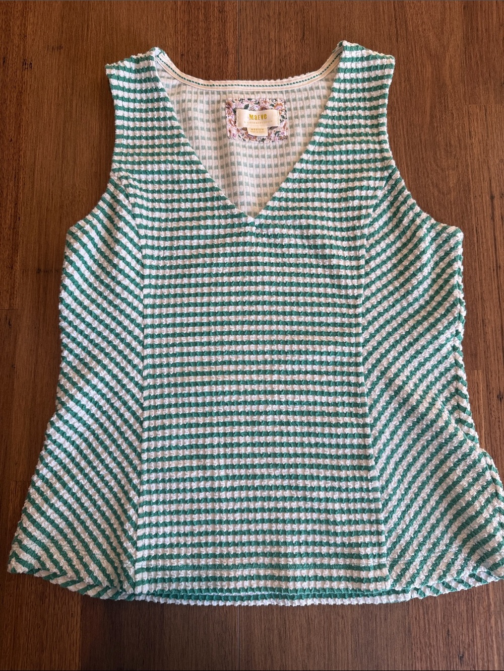 Anthropologie Maeve Green & White Textured V-Neck Tank